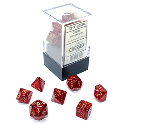 Chessex Dice Set – 10mm Glitter Red/Gold Polyhedral Dice Set Conspectus Gaming