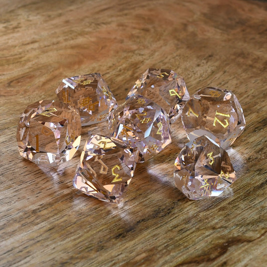 Baby Pink Topaz Multifaceted Glass Dice Set Misty Mountain Gaming