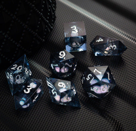 Black And Silver Glitter Liquid Core Handmade Resin DND Dice Set Runic Dice
