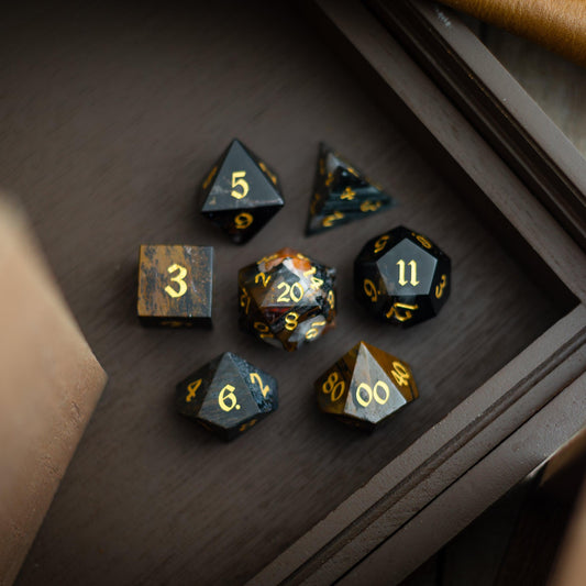 Black Gemstone Eagle Eye Hand Carved DND Dice Set Runic Dice