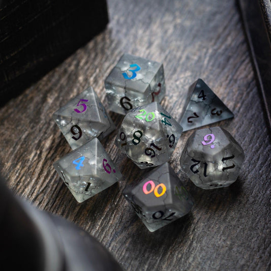 Black Inked Lightning Cracked Glass DND Dice Set Runic Dice