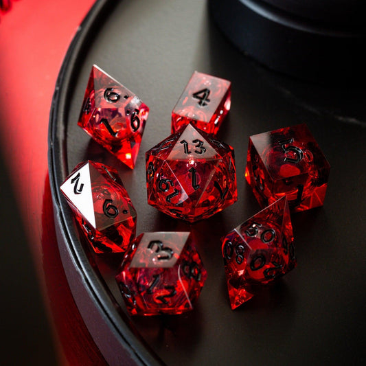 Blood Red Glitter Liquid Core Handmade Resin DND Dice Set Runic Dice