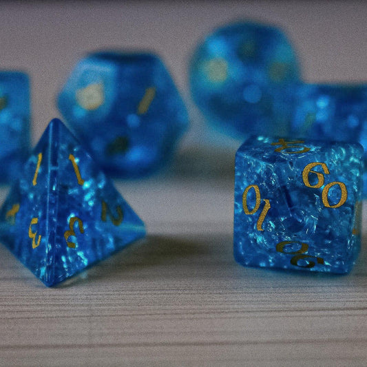 Blue Lightning Glass Cracked Glass DND Dice Set Runic Dice