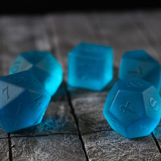 Blue Zircon Hand Carved Glass DND Dice Set Runic Dice