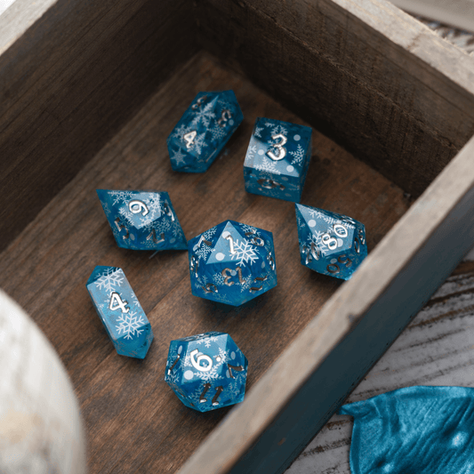 Christmas Blue Snowflake Handmade Resin DND Dice Set Runic Dice