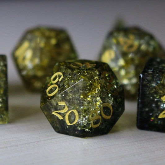 Dark Sun (Green And Yellow) Forge Fire Glass DND Dice Set Runic Dice