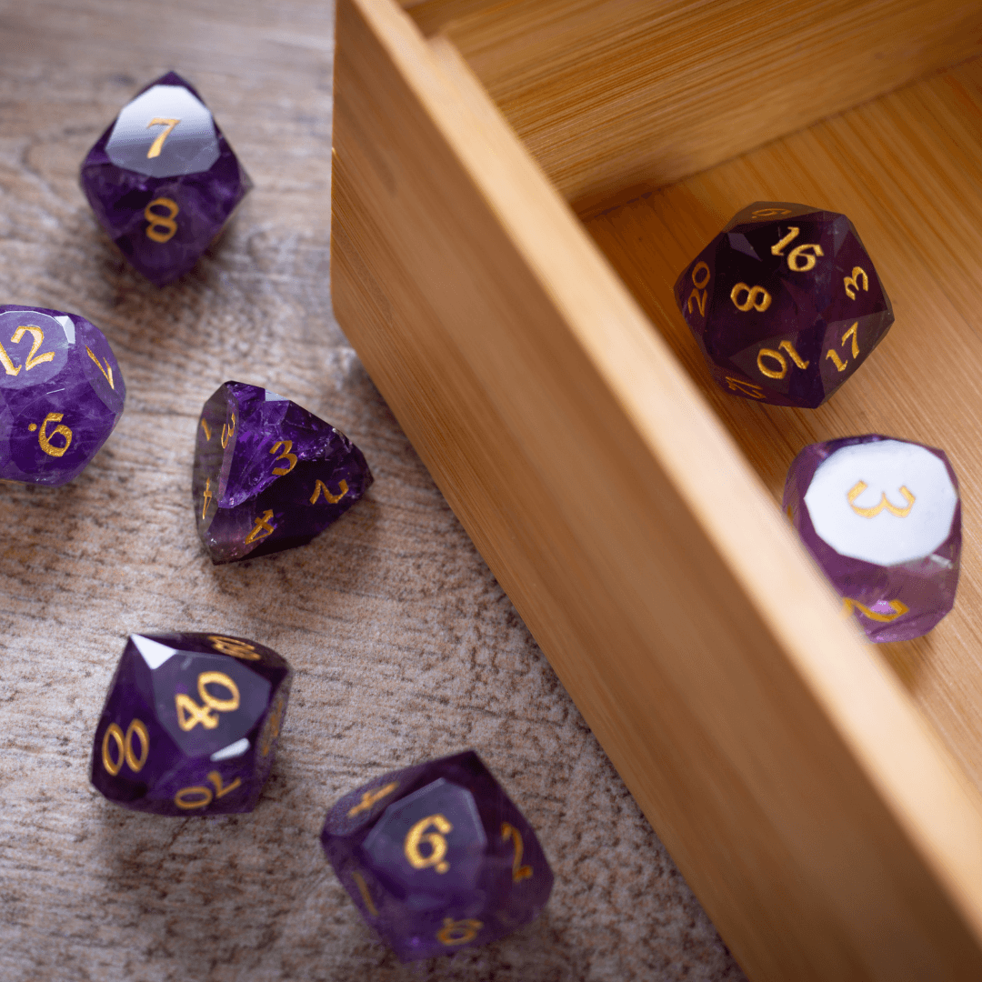 Dwarf Cut Purple Amethyst Gemstone Premium DND Dice Set Runic Dice
