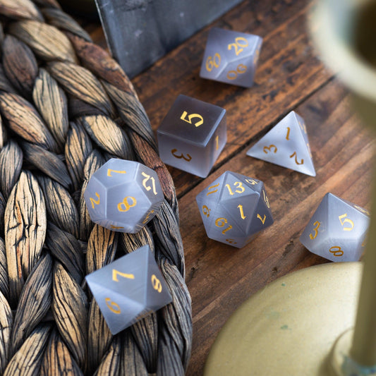 Gemstone Gray Cats Eye Stone DND Dice Set Runic Dice
