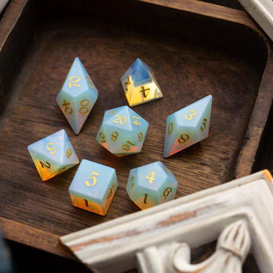 Gemstone Opalite Elven Cut DND Dice Set Runic Dice
