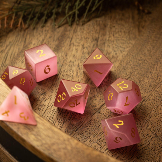 Gemstone Pink Watermelon Cats Eye Stone Hand Carved DND Dice Set Runic Dice