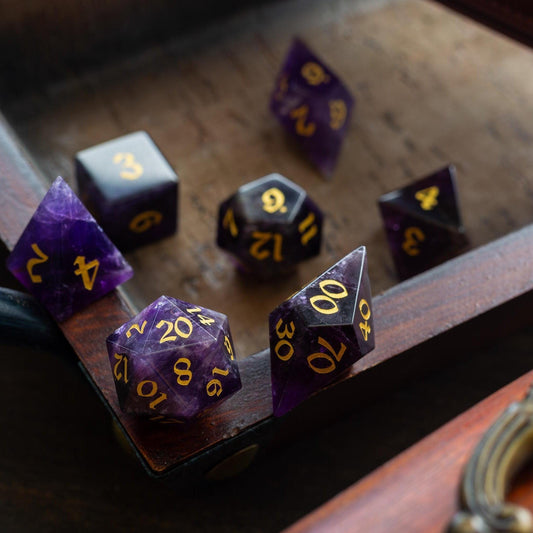 Gemstone Purple Amethyst Elven Cut DND Dice Set Runic Dice