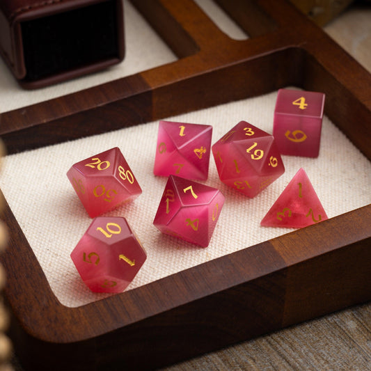 Gemstone Rose Red Cats Eye Stone Hand Carved DND Dice Set Runic Dice