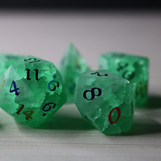 Green Mint Inked Lightning Cracked Glass DND Dice Set Runic Dice