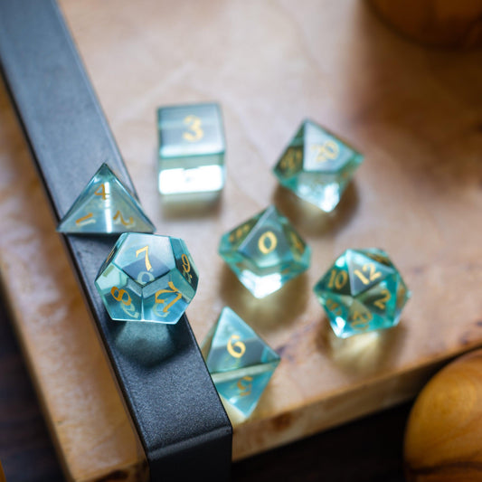 Green Water Glass Hand Carved DND Dice Set Runic Dice