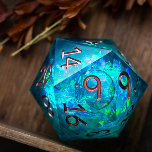 Massive Sea Green Teal Liquid Core 95MM Chonk Handmade Resin Dice And Box Runic Dice