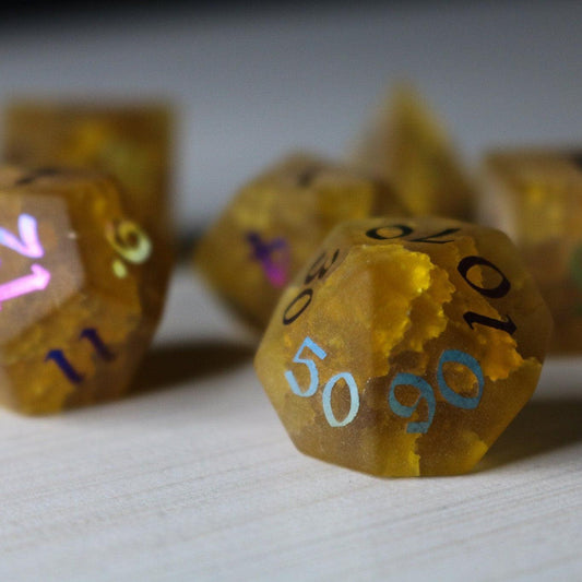 Orange Halloween Pumpkin Inked Lightning Cracked Glass DND Dice Set Runic Dice