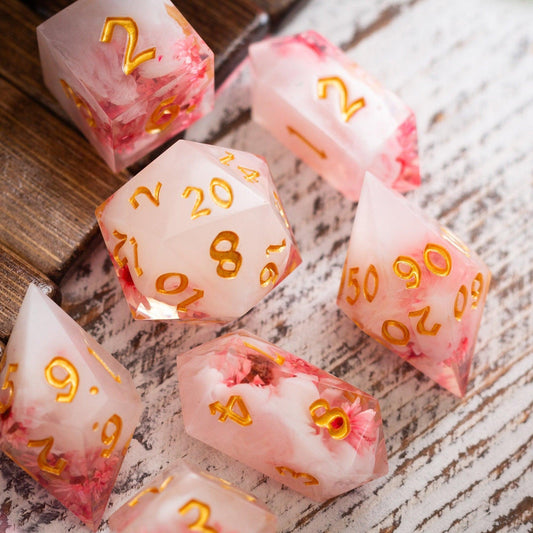 Pink Blossom Handmade Resin DND Dice Set Runic Dice