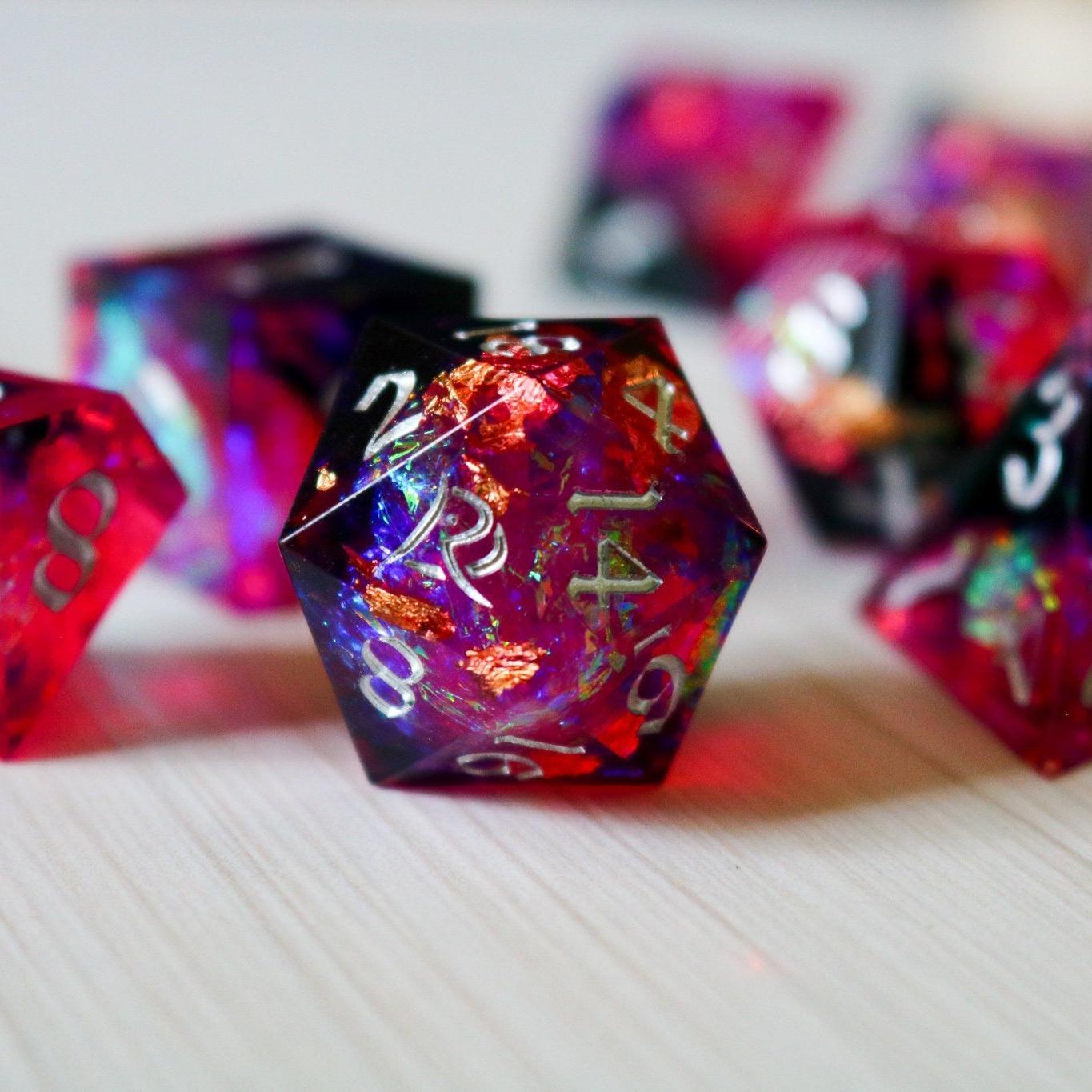 Pink/Silver Handmade Sharp Edge Resin DND Dice Set Runic Dice