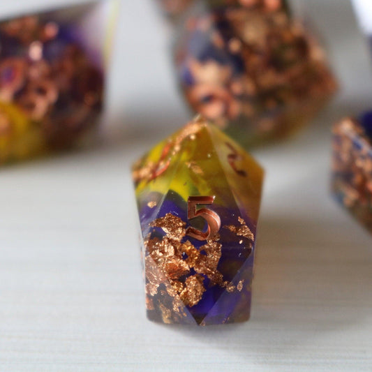 Purple And Gold Handmade Resin DND Dice Set Runic Dice