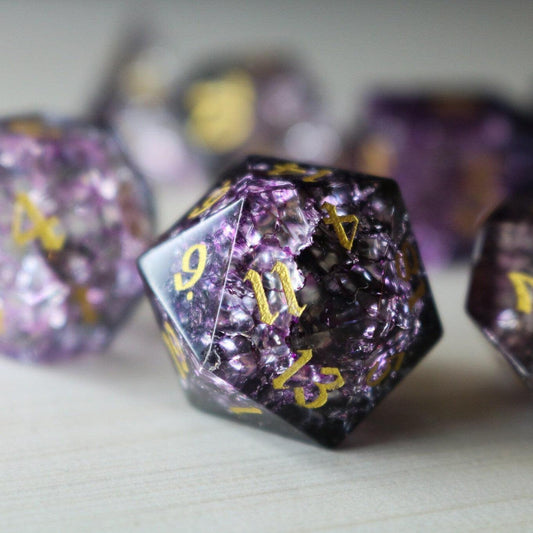 Purple Purge Forge Fire Glass DND Dice Set Runic Dice