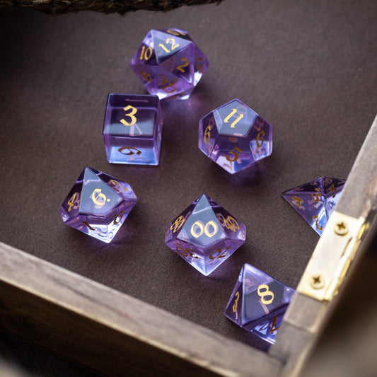 Purple Zircon Glass Hand Carved DND Dice Set Runic Dice