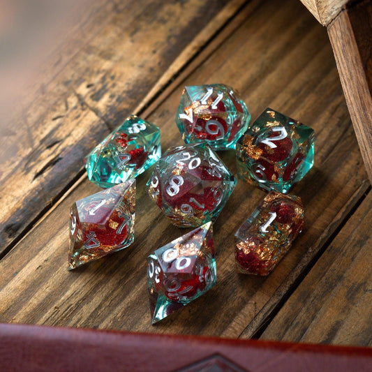 Red And Gold Glitter Liquid Core Handmade Resin DND Dice Set Runic Dice