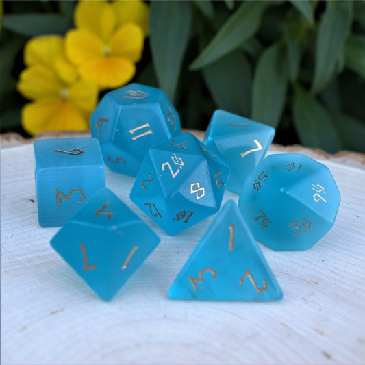 Aqua Blue Cat's Eye Stone Dice Set Misty Mountain Gaming