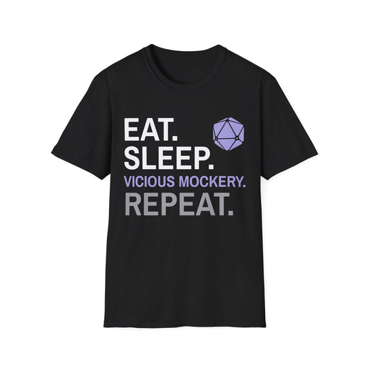 Bard T-Shirt – 'Eat, Sleep, Vicious Mockery, Repeat' Sunburst RPG