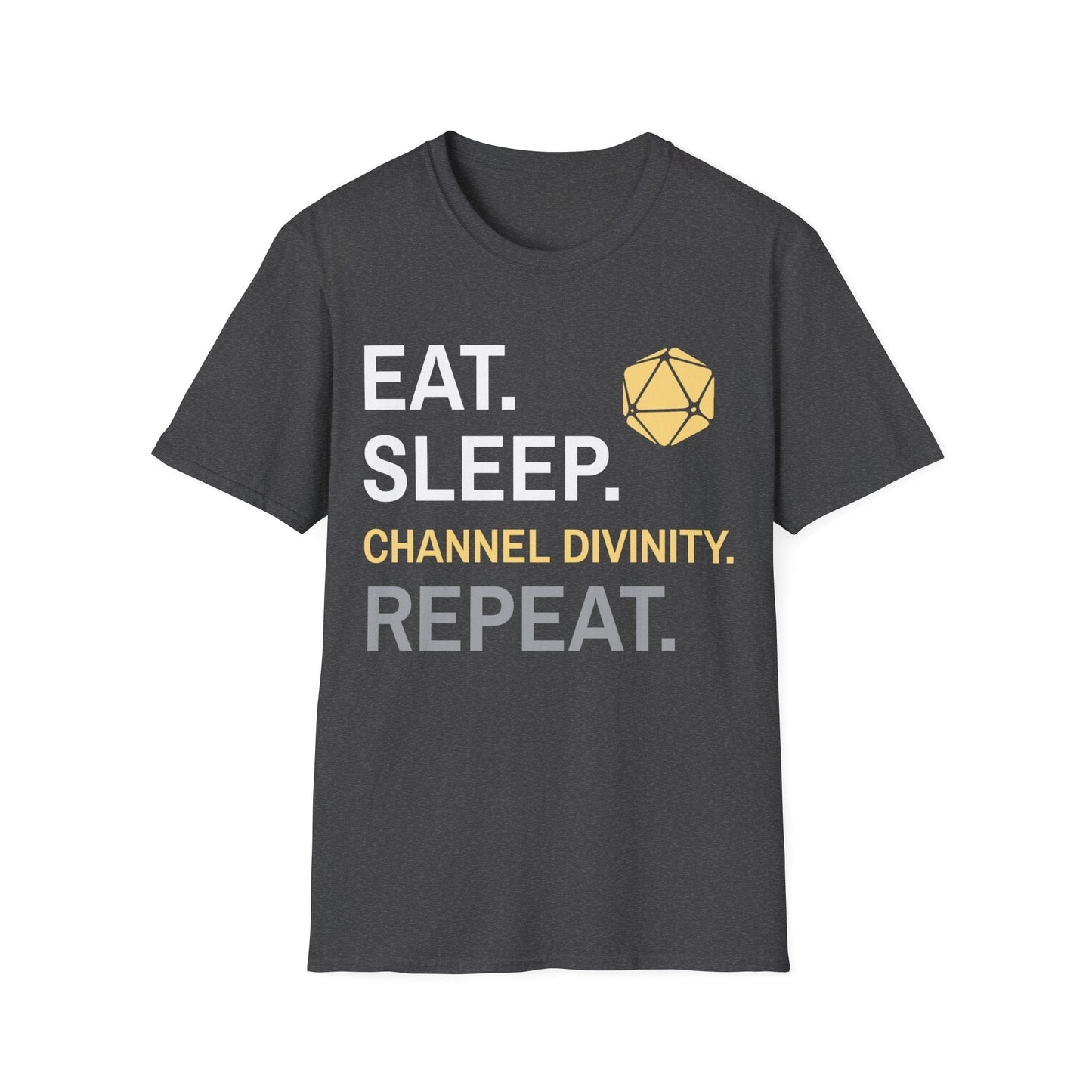 Cleric T-Shirt – 'Eat, Sleep, Channel Divinity, Repeat' Sunburst RPG