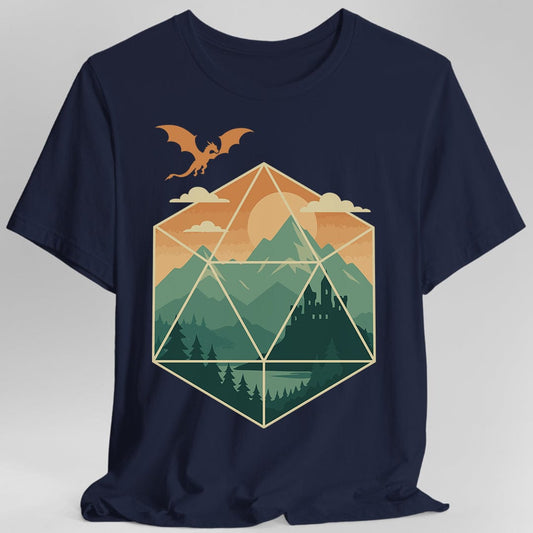D20 Mountain Landscape T-Shirt Sunburst RPG