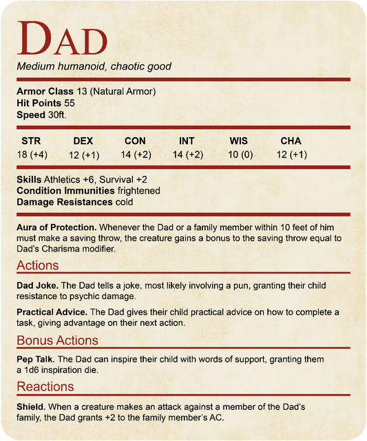 DnD Dad Shirt With Stat Block Sunburst RPG