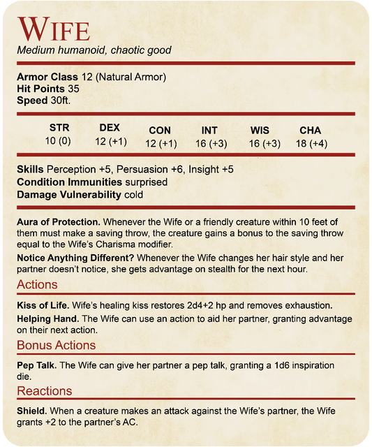 DnD Wife Stat Block T-Shirt Sunburst RPG