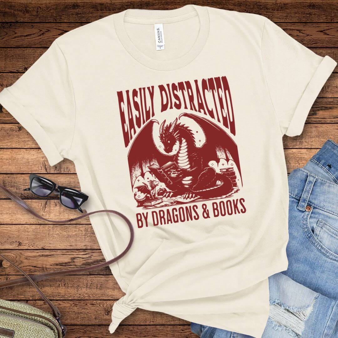 Easily Distracted by Dragons & Books Shirt Sunburst RPG