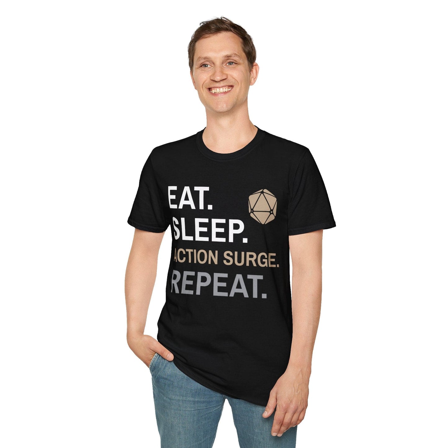 Fighter Class T-Shirt – 'Eat, Sleep, Action Surge, Repeat' Sunburst RPG