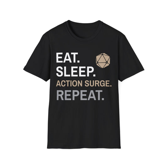 Fighter Class T-Shirt – 'Eat, Sleep, Action Surge, Repeat' Sunburst RPG