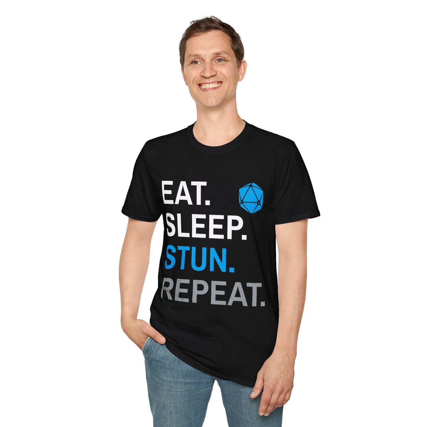Monk Class T-Shirt – 'Eat, Sleep, Stun, Repeat' Sunburst RPG