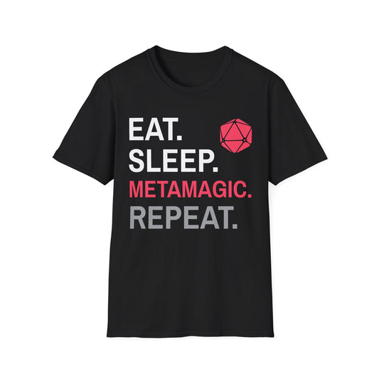 Sorcerer Class T-Shirt – 'Eat, Sleep, Metamagic, Repeat' Sunburst RPG