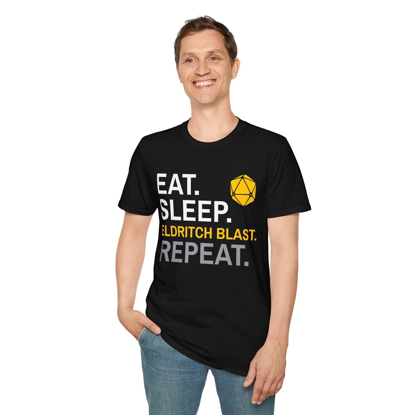 Warlock Class T-Shirt – 'Eat, Sleep, Eldritch Blast, Repeat' Sunburst RPG