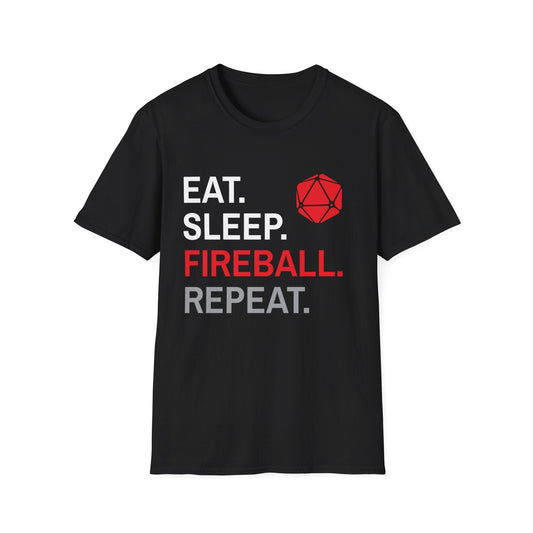 Wizard Class T-Shirt – 'Eat, Sleep, Fireball, Repeat' Sunburst RPG