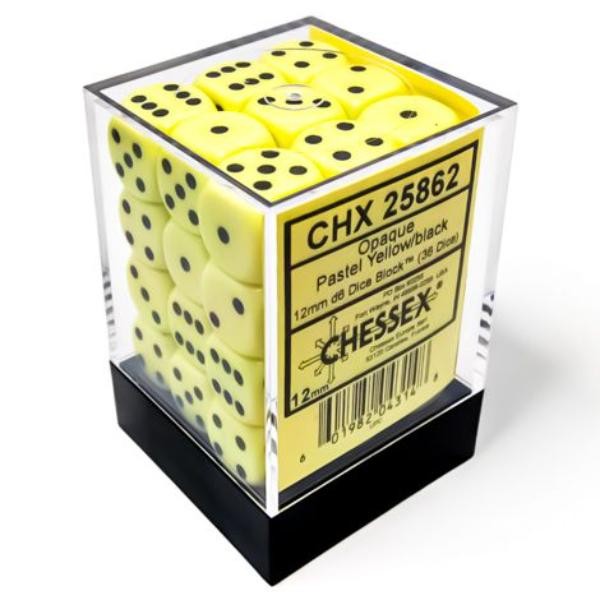 Chessex Opaque 12mm  D6 Cube 12 Mm Dice, Opaque Pastel, Yellow & Black - 36 Piece Conspectus Gaming