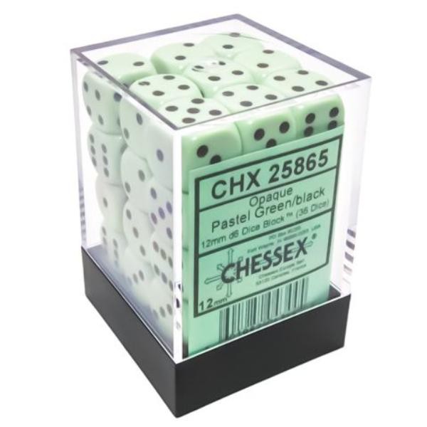 Chessex: Opaque Pastel Green/Black 12mm D6 Dice Block (36 Dice) Chessex