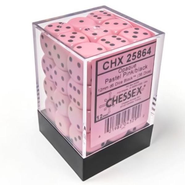 Chessex Opaque 12mm D6 Cube 12 Mm Dice, Opaque Pastel Pink & Black - Set of 36 Conspectus Gaming