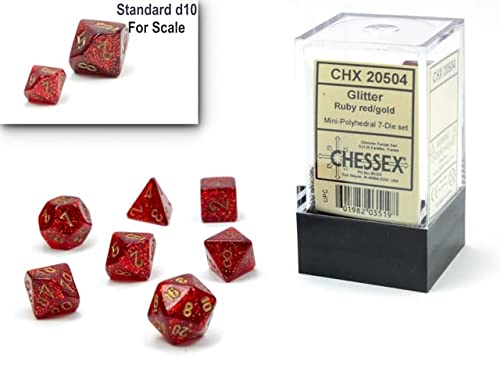 Chessex Dice Set – 10mm Glitter Red/Gold Polyhedral Dice Set Conspectus Gaming