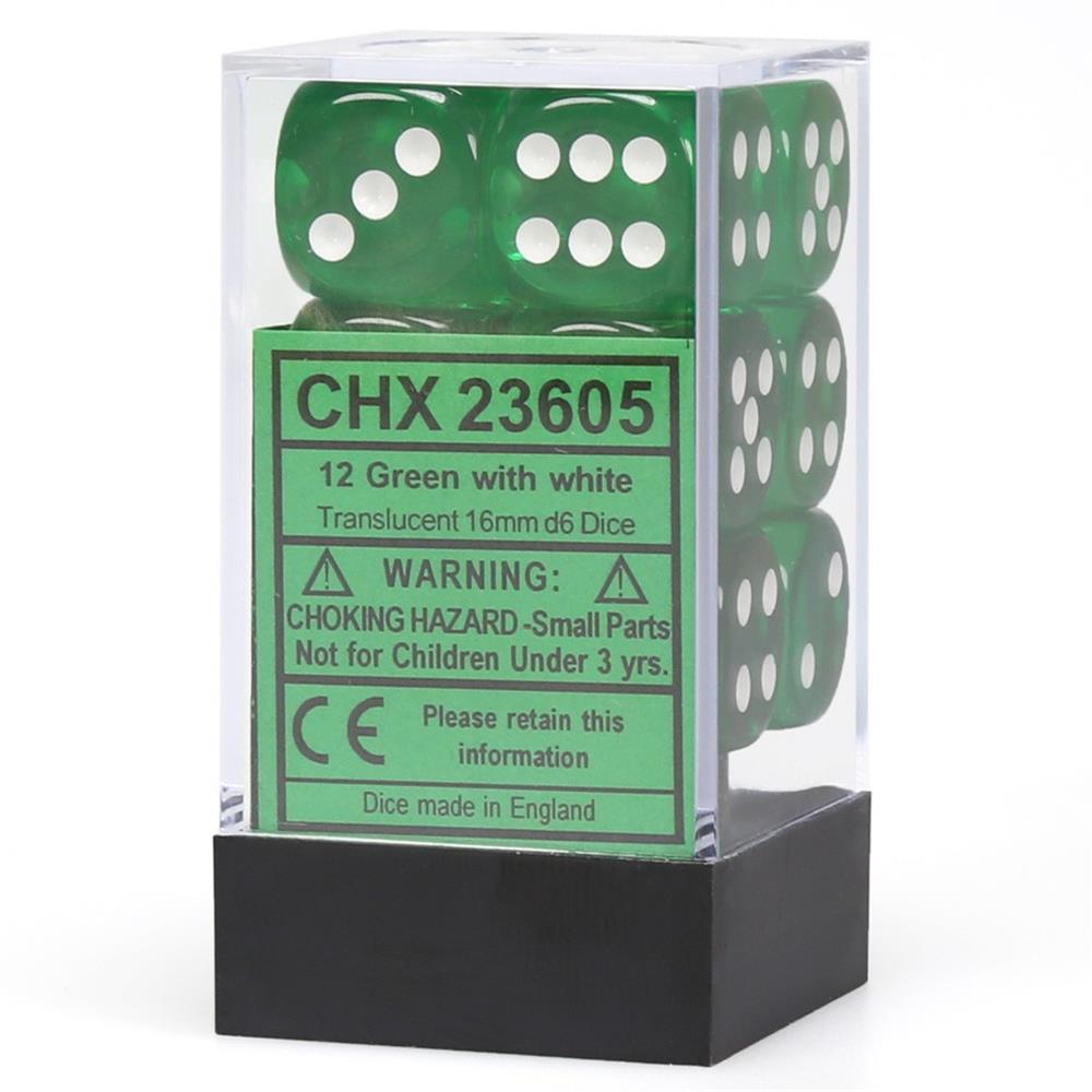 Chessex: 16 Mm Green with White Translucent D6 Dice Set of 12 Chessex