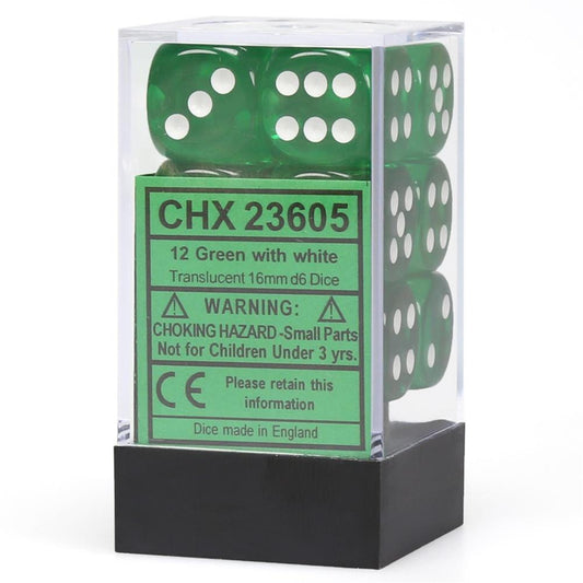 Chessex: 16 Mm Green with White Translucent D6 Dice Set of 12 Chessex