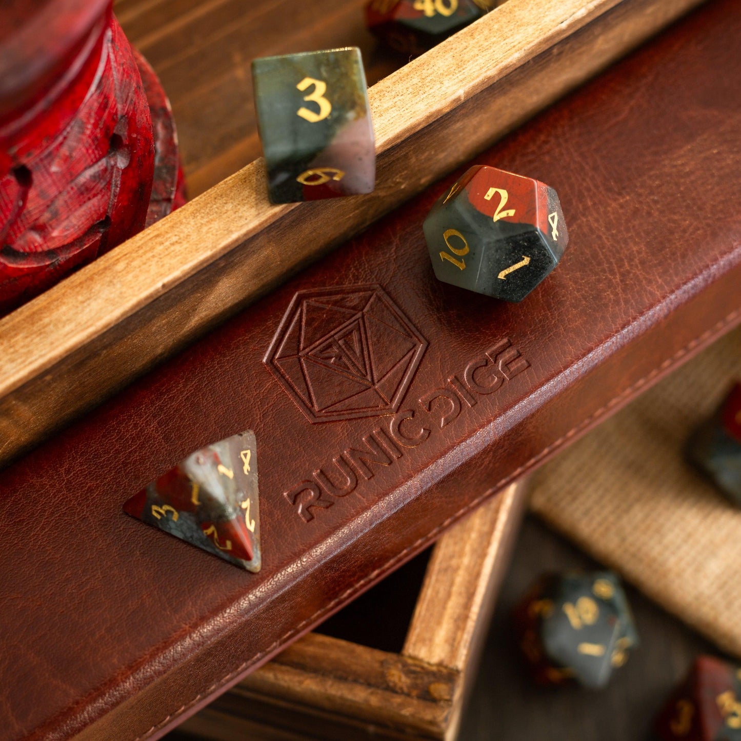 African Bloodstone Hand Carved Gemstone DND Dice Set Runic Dice