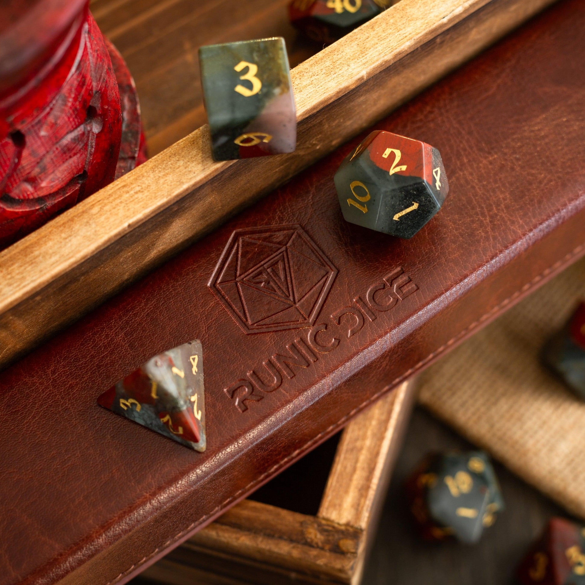 African Bloodstone Hand Carved Gemstone DND Dice Set Runic Dice
