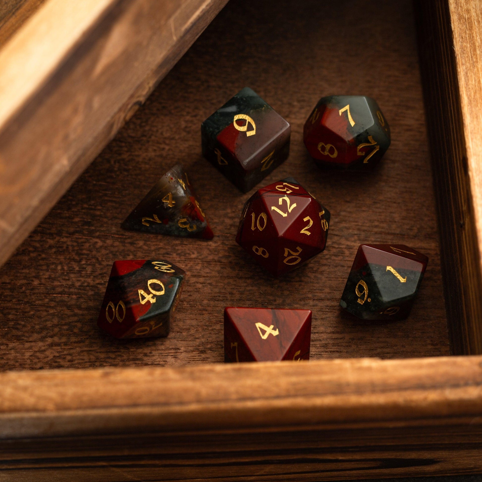 African Bloodstone Hand Carved Gemstone DND Dice Set Runic Dice