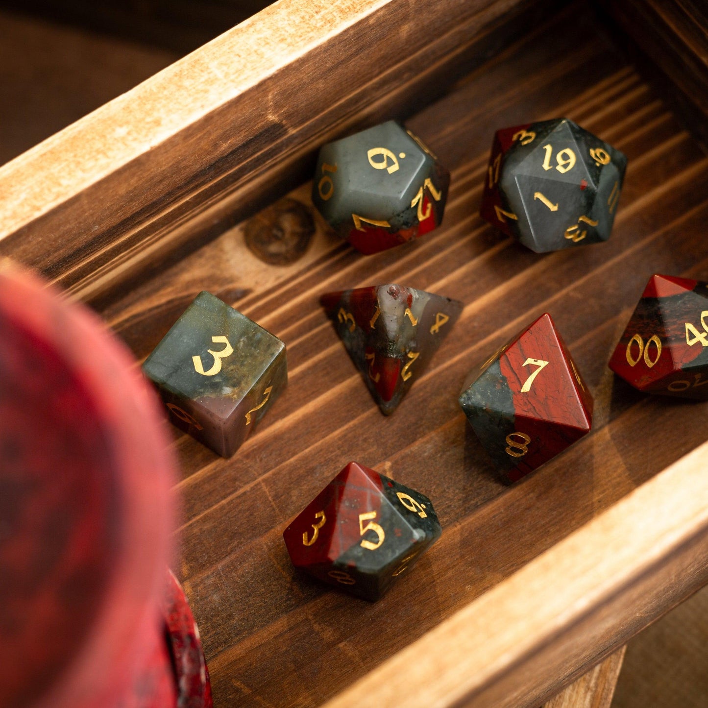 African Bloodstone Hand Carved Gemstone DND Dice Set Runic Dice