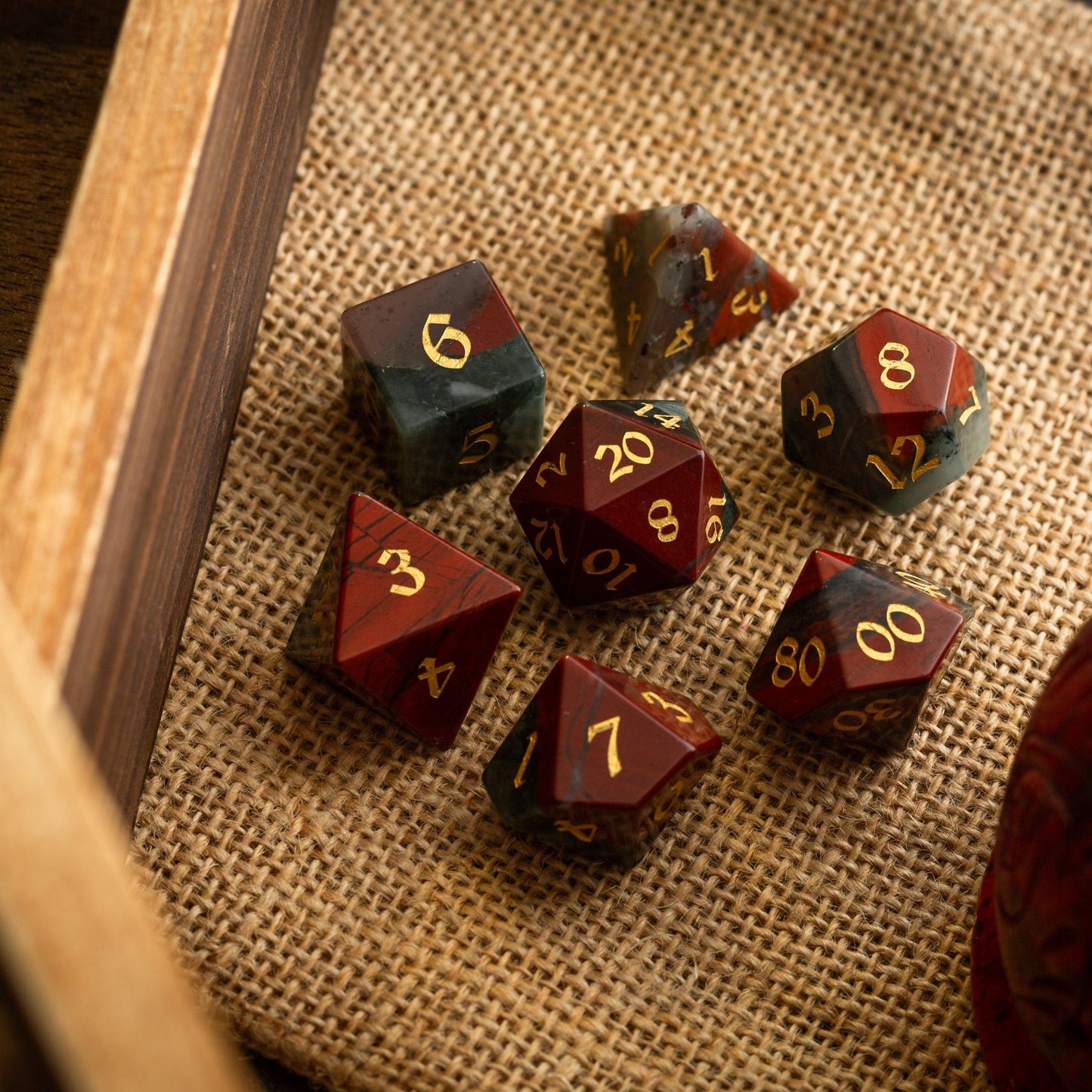 African Bloodstone Hand Carved Gemstone DND Dice Set Runic Dice
